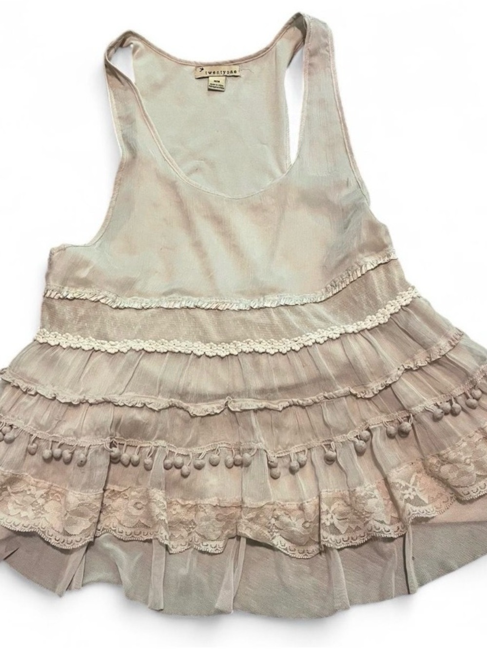 Forever 21 Ivory Ruffled Lace-Trim Tank Top babydoll